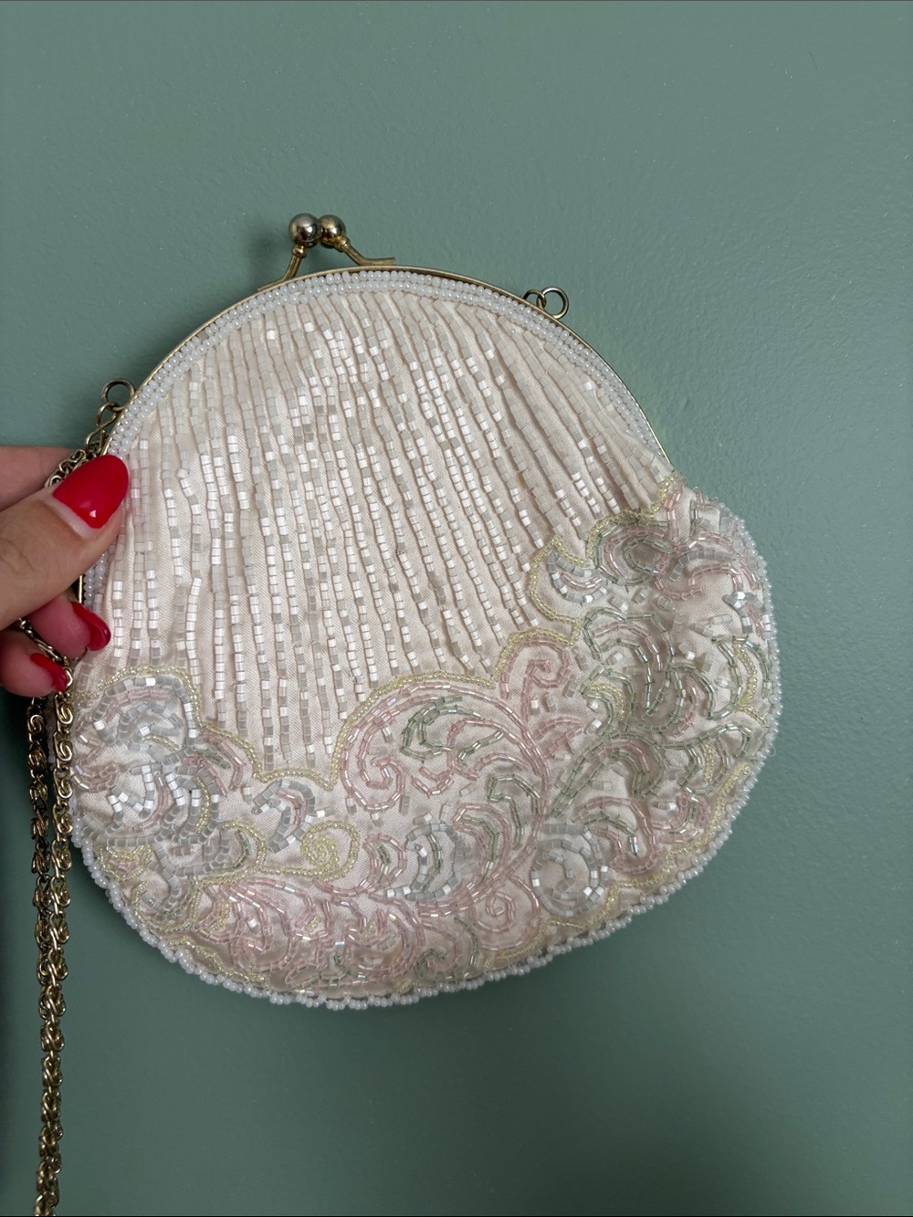 Beaded Cream Evening Clutch with Gold Chain